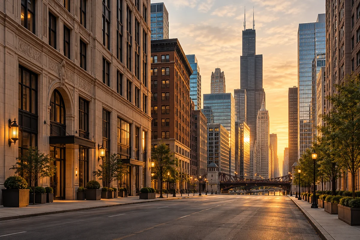 Chicago commercial architecture in warm light — AI-generated conceptual illustration
