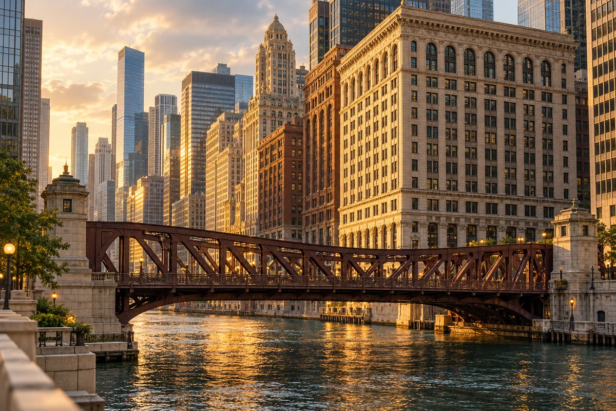Steel bridge leading toward Chicago commercial buildings — AI-generated conceptual illustration
