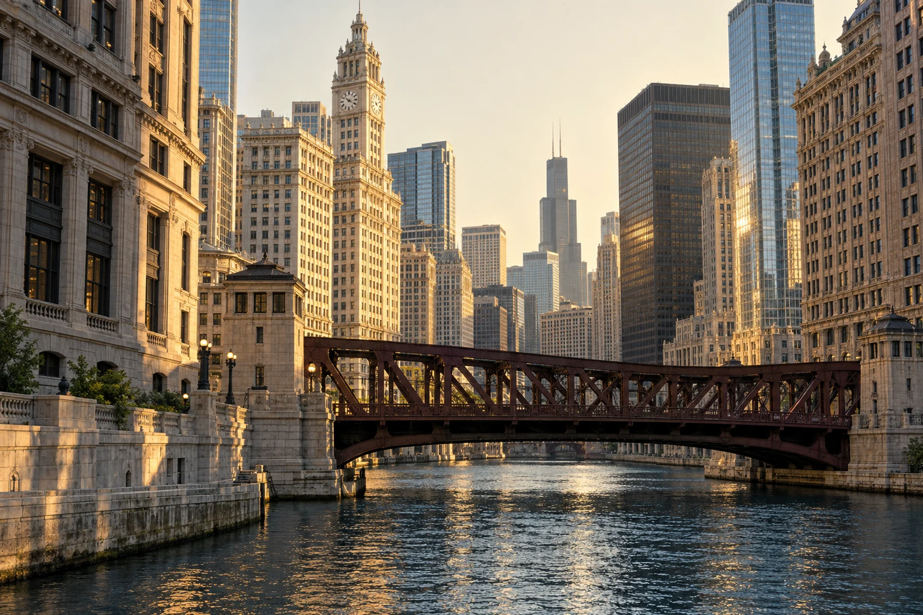 Architectural illustration of Chicago commercial buildings along the river