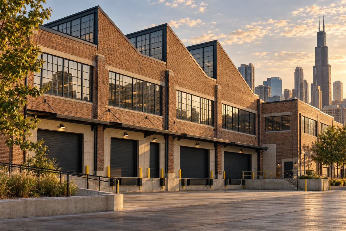 Industrial warehouse and truck court — AI-generated conceptual illustration