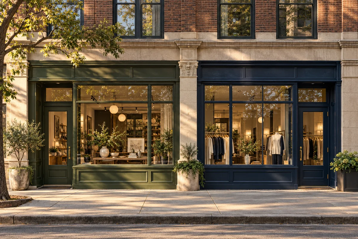 Two storefronts within a brick commercial building — AI-generated conceptual illustration