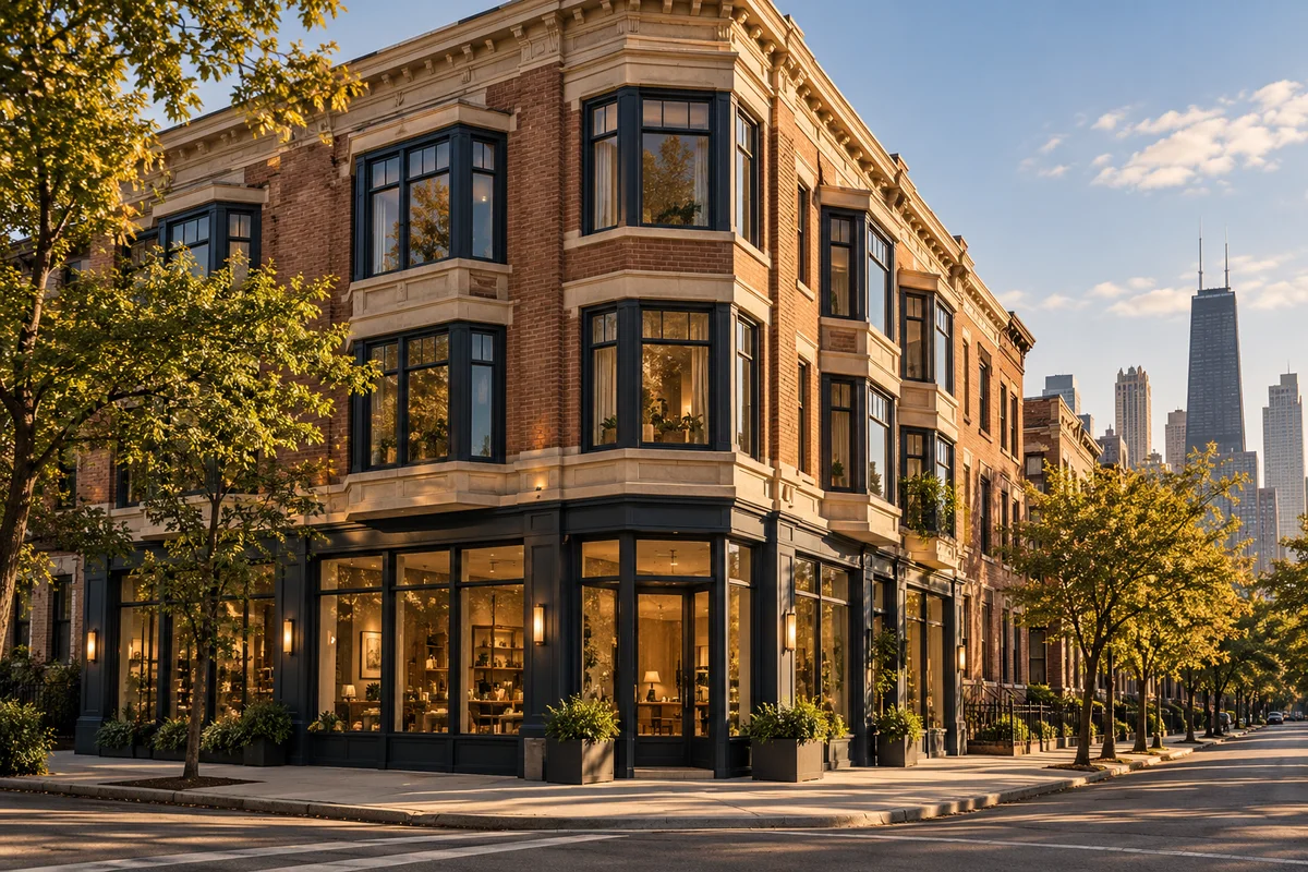 Retail storefronts with upper-floor apartments — AI-generated conceptual illustration