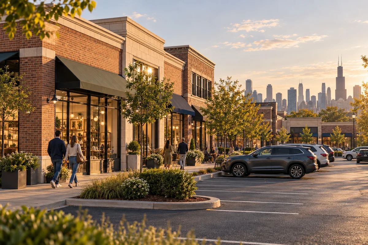 Neighborhood shopping center and pedestrian storefronts — AI-generated conceptual illustration