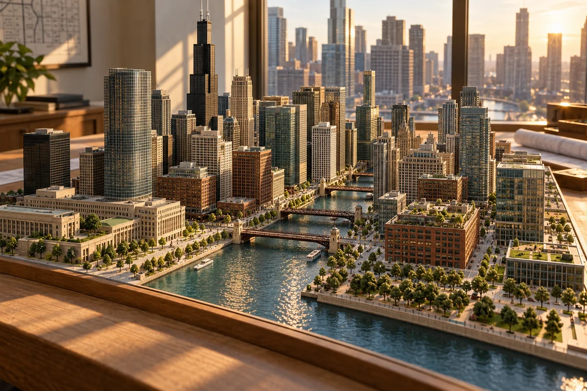 Architectural model of a commercial district — AI-generated conceptual illustration